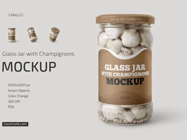 3 Showcases of Glass Jar Mockup with Champignons 1