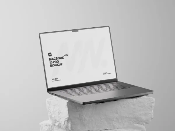 3 Showcases of MacBook Pro Mockup on White Rock 1