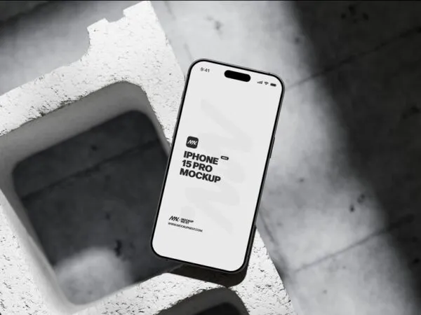 3 Showcases of iPhone 15 Pro Mockup on Concrete Brick 1
