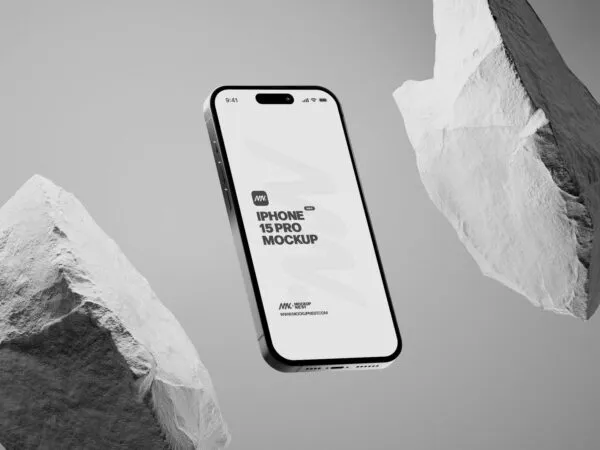 3 Sights of iPhone 15 Pro Mockup with White Rock 1