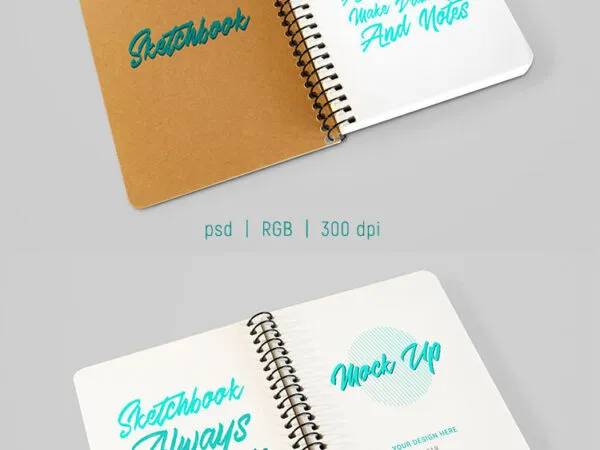 3 Spiral Bound Sketchbook Mockups at the 34 Angle View 1