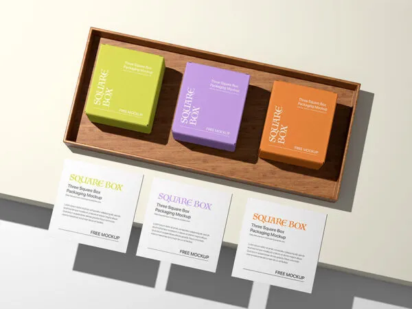 3 Square Boxes Mockup with Cards in Top View 1
