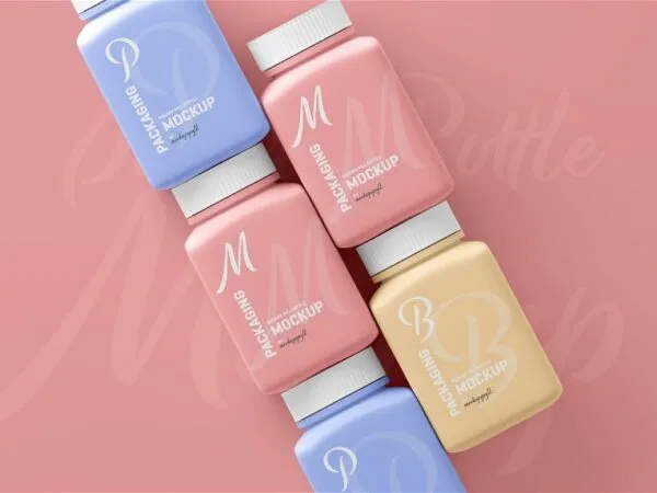 3 Varied Sights of Square Pill Bottle Mockup 1