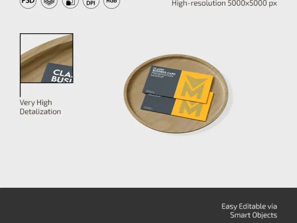 3 View of Business Card Mockup with Wooden Plate 1