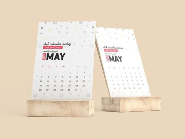 3 Views of Desk Calendar Mockup with Wood Stand 1