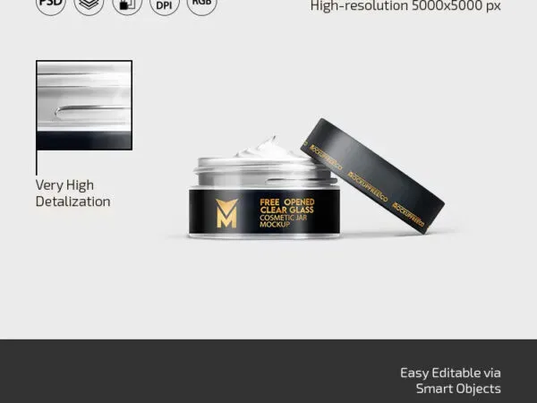 3 Visions of Opened Clear Glass Cosmetic Jar Mockup 1