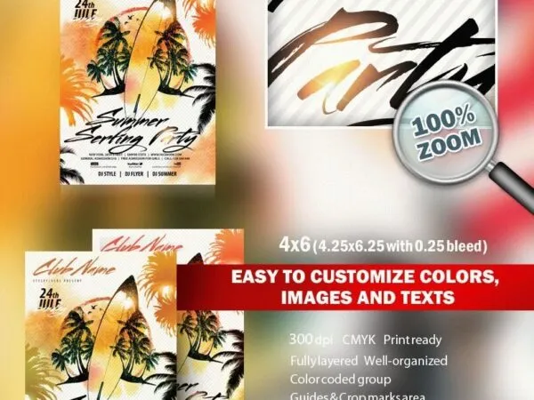 3 Watercolor Illustrated Tropical Summer Surfing Party Flyer Templates 1