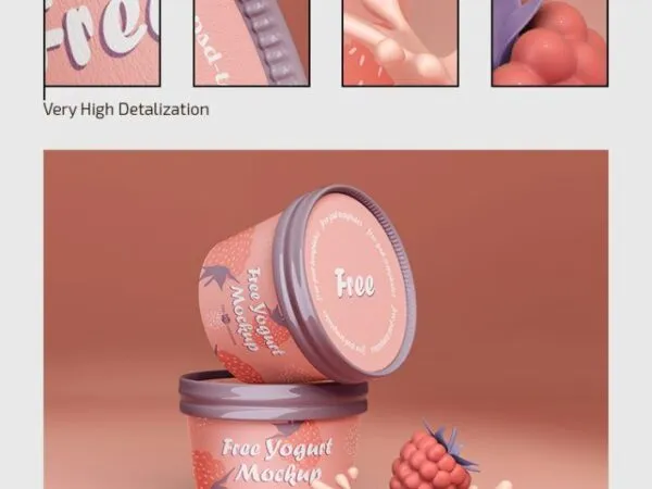 3 Yogurt Jar Mockups in Different Views Featuring Strawberries 1