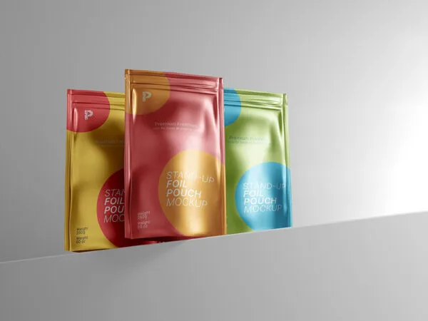 34 View Mockup of 3 Stand Up Foil Pouches 1