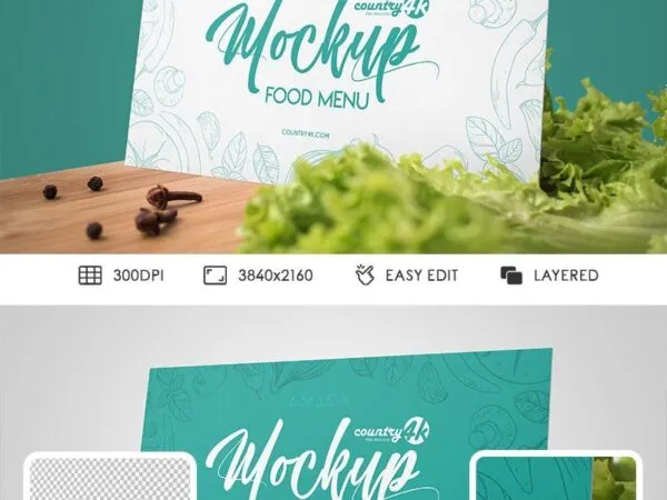 34 View Vertical Food Menu Mockup on Table with Lettuce 1