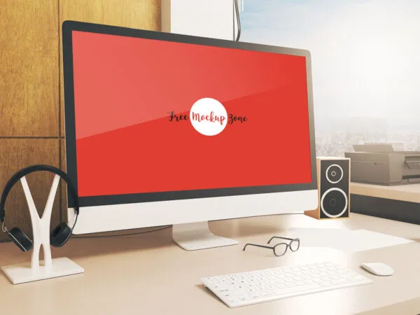 34 View Work Station Computer Screen Mockup with Headphone Holder 1