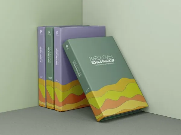 34 View of Four Standing Hardcover Books Mockup 1