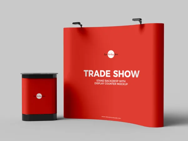 3D Trade Show Stand Backdrop Banner with Display Counter Mockup 1