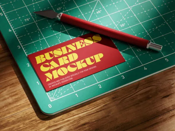 4 Business Card Mockups on Cutting Matt with Precision Knife 1