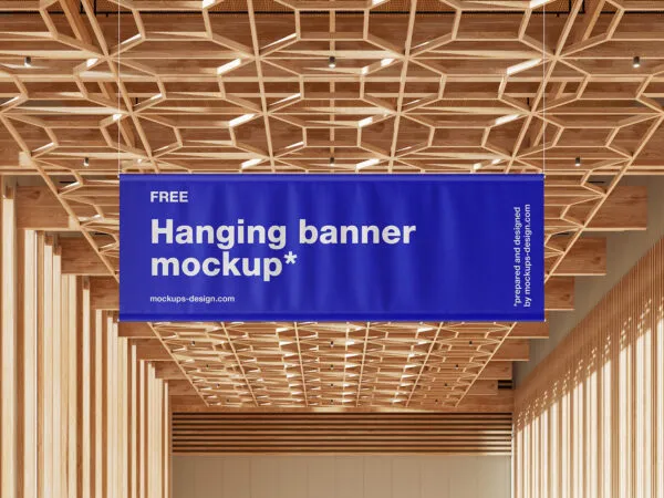 4 Distinct Mockups of Hanging Banner in Expo Hall 1