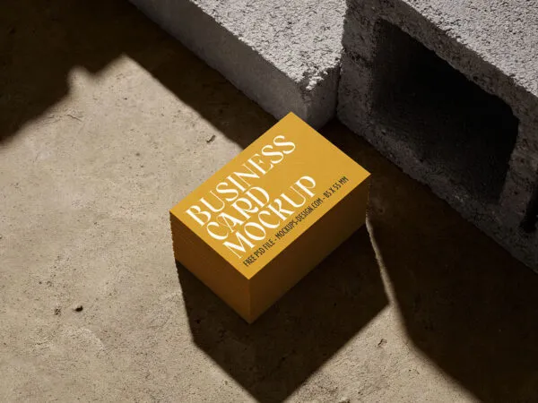 4 Perspective Business Card Mockups with Concrete Bricks and Wood 1