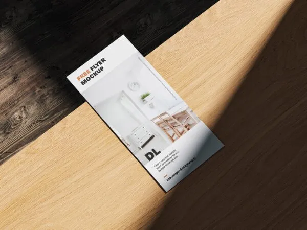 4 Perspective View DL Flyer on Wooden Floor Mockups with Shadows 1