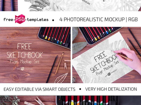 4 Photo realistic Sketchbook Mockups on Wooden Board 1