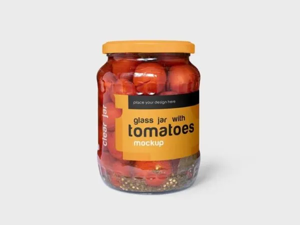 4 Shots of Clear Glass Jar Mockup with Tomatoes 1