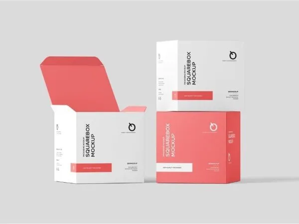 4 Shots of Square Box Mockup 1