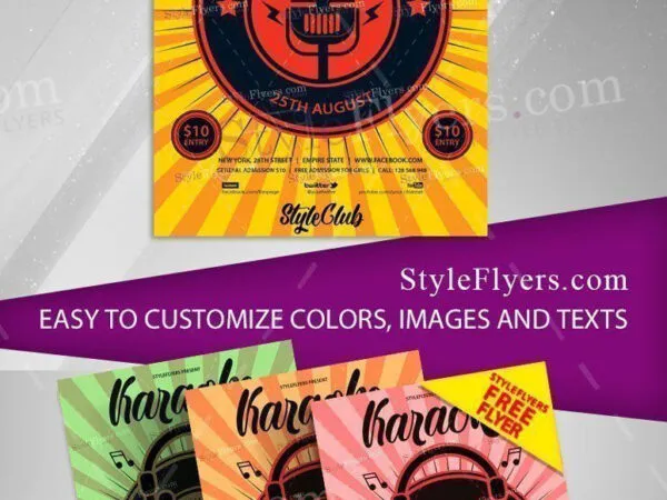 4 Striped Vintage Karaoke Party Flyer Templates in Different Colors 1