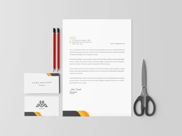 5 Business Cards Mockups with Letterhead in Perspective and Top Sights 1