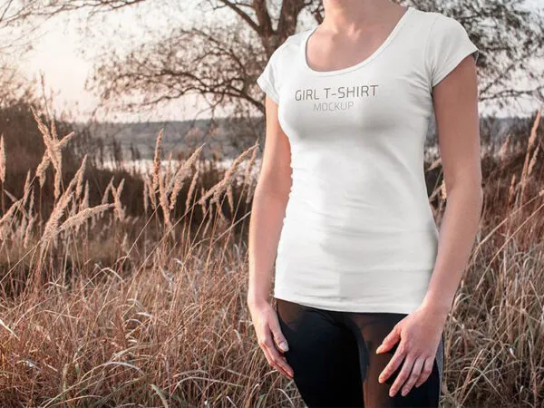 5 Girl Wearing T shirt Mockups in Different Positions 1