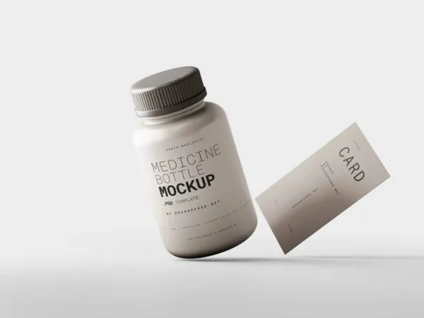 5 Medicine Bottle with Business Card Mockups in Distinct Shots 1
