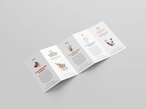 5 Mockups Showcasing Opened and Closed Leaflets Overhead and Perspective Views 1