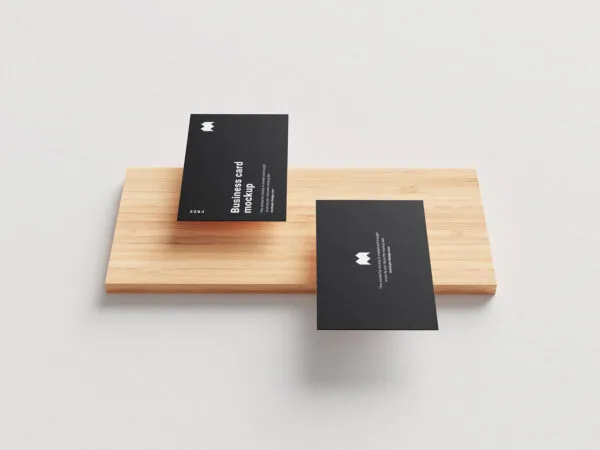 5 Mockups of Floating Business Cards Along with a Wooden Board 1