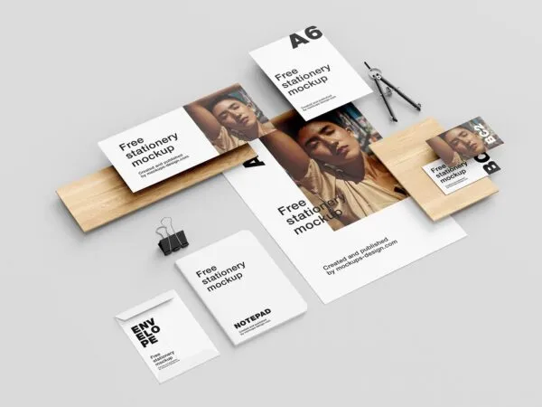 5 Mockups of Stationery and Wooden Element in Perspective View 1