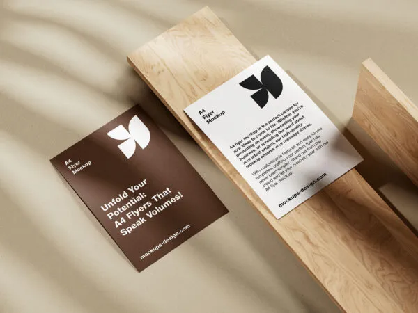 5 Shots of A4 Flyer Mockup on Wooden Board 1