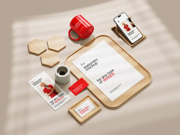 5 Shots of Stationery Mockup with Wood Elements 1