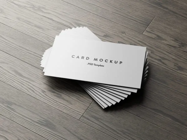 7 Business Cards Mockups Stack on Wood Background 1