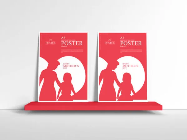 A3 Posters Mockup on a Shelf Against Wall 1