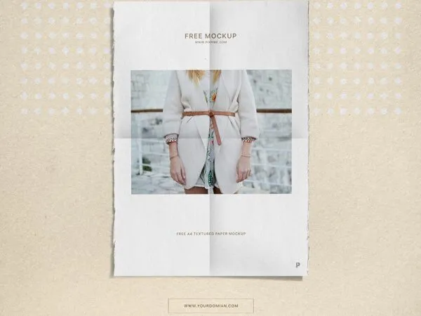 A4 Paper Folded in 4 Glued to the Wall in Front View Mockup 1
