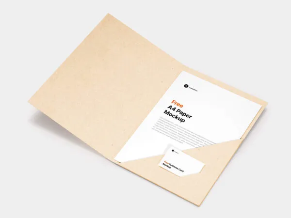 A4 Paper and Business Card on an Open Cardboard Folder Mockup 1