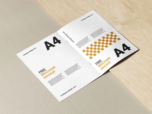 A4 Saddle Stitched Brochure Mockup with Wooden Background 1