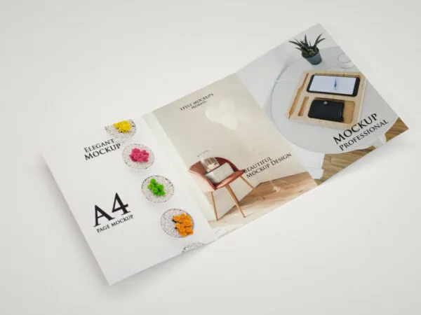 A4 Tri Fold Brochure Laid Unfolded in Perspective Mockup 1