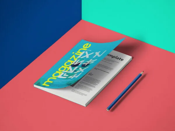 A5 Magazine Inside and Cover View Beside a Pen Mockup 1
