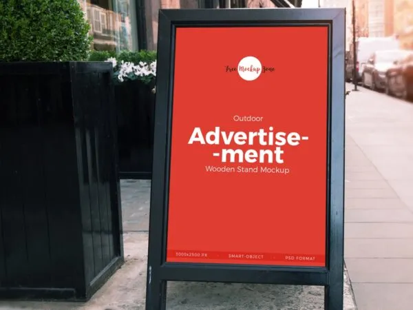 Advertisement Banner Stand on the Sidewalk in the Front View Mockup 1