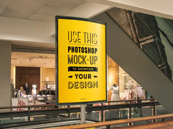 Advertising Poster Next to an Escalator in a Shopping Center Mockup 1