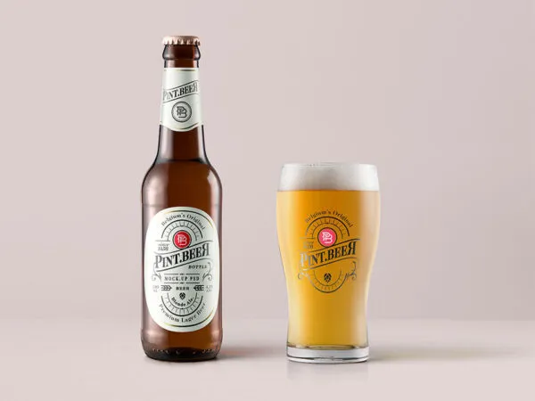 Amber Beer Bottle with a Pint Glass Mockup 1