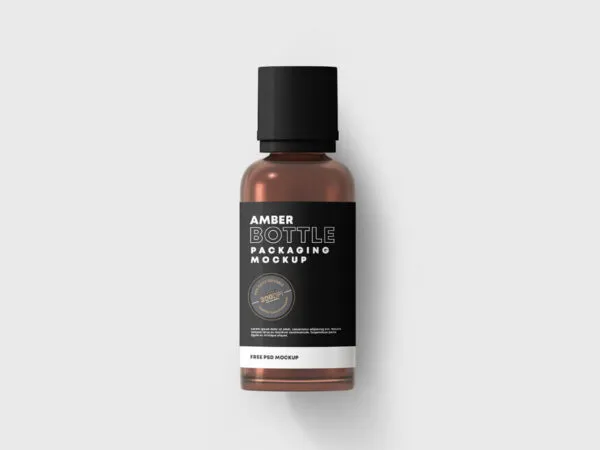 Amber Bottle Laid on the Surface in Top View Mockup 1
