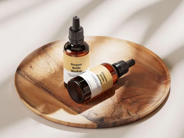 Amber Essential Bottle Mockup in 4 Showcases 1