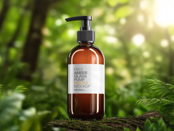 Amber Glass Pump Bottle Mockup Eco Scene 1