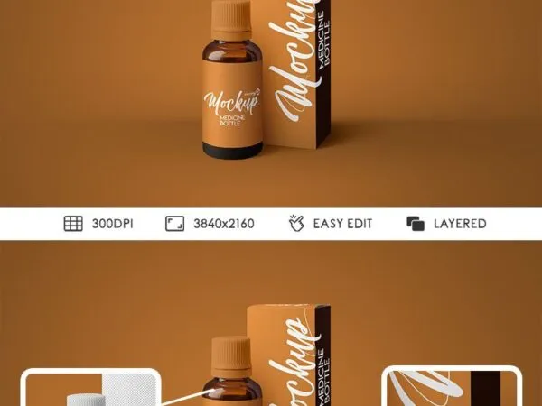 Amber Medicine Bottle Standing Next to Packaging Mockup 1