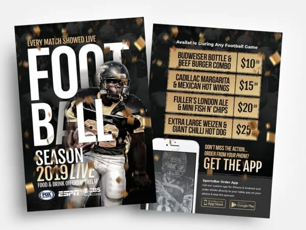American Football Food Bar Invitation Flyer Template Black Golden Theme 1