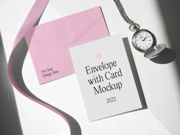 Angled Top View of an Envelope Mockup with Card and Watch 1