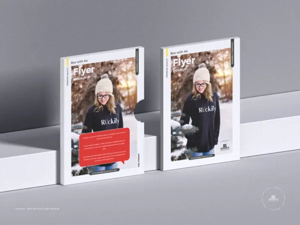 Angled View Standing A4 Flyers with Box Mockup 1